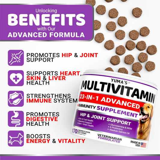 Dog Multivitamin Chewable with Glucosamine Dog Vitamins and Supplements 170 Treats Senior & Puppy Multivitamin for Dogs Hip & Joint Support Immune Health Skin Heart Digestion Probiotics