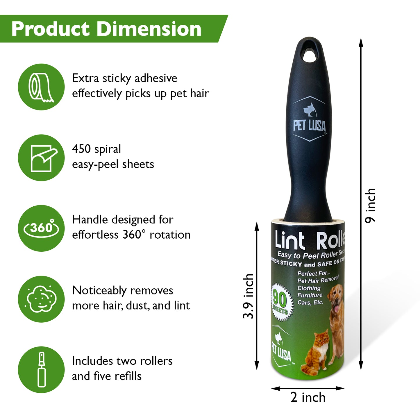 Pet Lusa's Extra Sticky Pet Hair Lint Rollers - 450 Sheets/5 Refills, Dual Handles - Ideal for Clothes, Furniture, and Carpet - Effortless Lint Removal