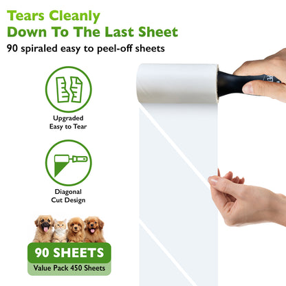 Pet Lusa's Extra Sticky Pet Hair Lint Rollers - 450 Sheets/5 Refills, Dual Handles - Ideal for Clothes, Furniture, and Carpet - Effortless Lint Removal