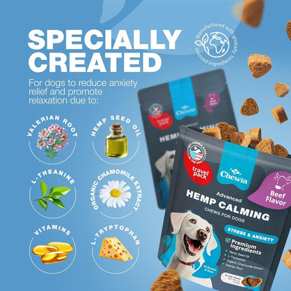 Hemp Calming Chews for Dogs Anxiety Relief   Dog Calming Treats with Melatonin Chamomile Extract Valerian Root   Travel Pack   Anxiety Relief Chews for Vet Visits Grooming Nail Trimming Storms